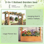 BECOMFORT Raised Garden Bed with Trellis & Hanging Roof, 89" Tall Fir Wood Planter Box with Drainage Holes, Outdoor Elevated Garden Planter for Climbing Vines, Perfect for Patio, Lawn & Backyard