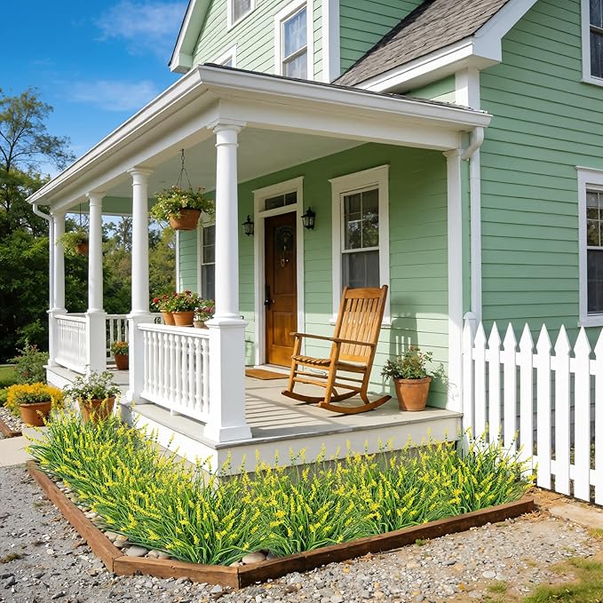 24 Bundles Artificial Plants Flowers Outdoor, Faux Lavender Flowers Fake Monkey Grass UV Resistant Plastic Plant for Porch Garden Patio Window Home Decor, Yellow