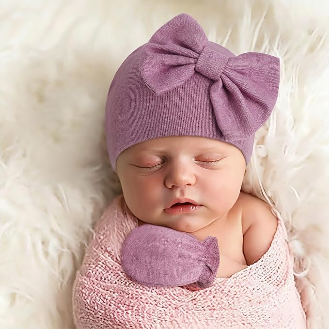 BQUBO Newborn Baby Girls Hats Mittens Set Hospital Hat Beanie Infant Bow Hats Baby Cotton Gloves for 0-6 Months