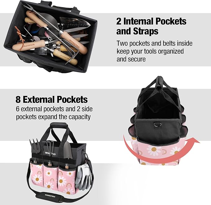 WORKPRO Garden Tool Bag Organizer, Heavy Duty Gardening Tote Bag, 10 Pockets with Adjustable Shoulder Strap, Standable Garden Home Tool Kits Organizer, Floral Pink (Tools are not Included)-Pink Ribbon