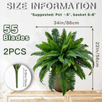 Senjie Artificial Boston Fern 2 Set Large 55 Branches Fake Ferns for Outdoors 34Inch Faux Plant for Home Living Room Office Decor