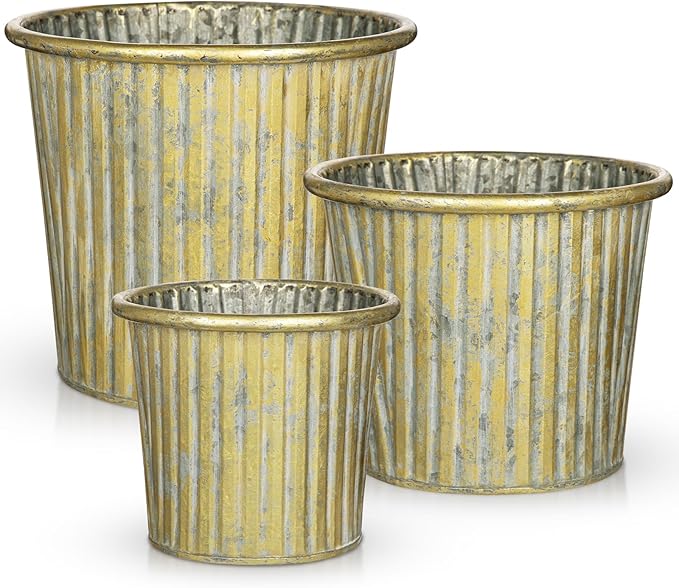 Gold Metal Rustic Flower Pots - 3 PCS Galvanized Planters Rustproof Durable Metal Buckets Plant Pots Vintage-Inspired Charm Rustic for Farmhouse Garden Herb Indoor Outdoor Decor(Dia.5.5"/6.5"/7.1")