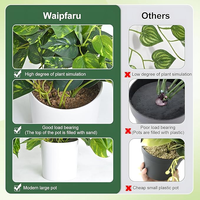 Waipfaru Fake Plants Artificial Plants Indoor, 1Pcs 34" Realistic Artificial Hanging Fake Pothos Vines Ivy Potted, Faux Pothos for Living Room Office Bedroom Bathroom Kitchen Shelves Indoor Home Decor