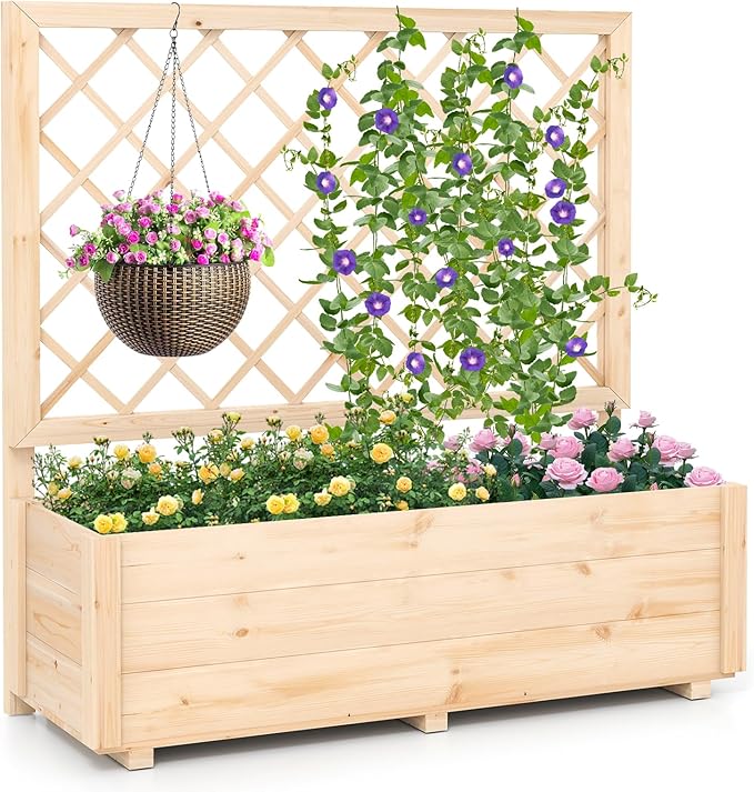 Giantex Raised Garden Bed with Trellis, Drainage Hole, Wood Elevated Planter Box for Climbing Vine Flower Herb Vegetable Fruit, Planting Container for Indoor Outdoor Patio Balcony (39”x14”x40”)