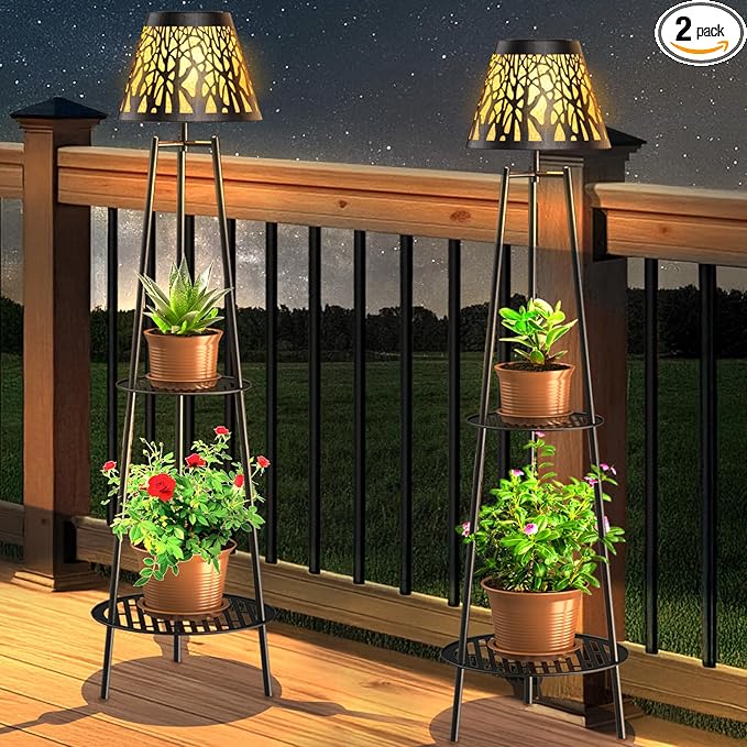 2 Pack Outdoor Solar Floor Lamp with Plant Stand, Waterproof Metal Garden Lights with 2-Tier Shelves, Decorative LED Cordless Patio Lamp for Porch, Deck, Balcony, Yard & Corner Decor (Bronze)