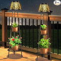 2 Pack Outdoor Solar Floor Lamp with Plant Stand, Waterproof Metal Garden Lights with 2-Tier Shelves, Decorative LED Cordless Patio Lamp for Porch, Deck, Balcony, Yard & Corner Decor (Bronze)