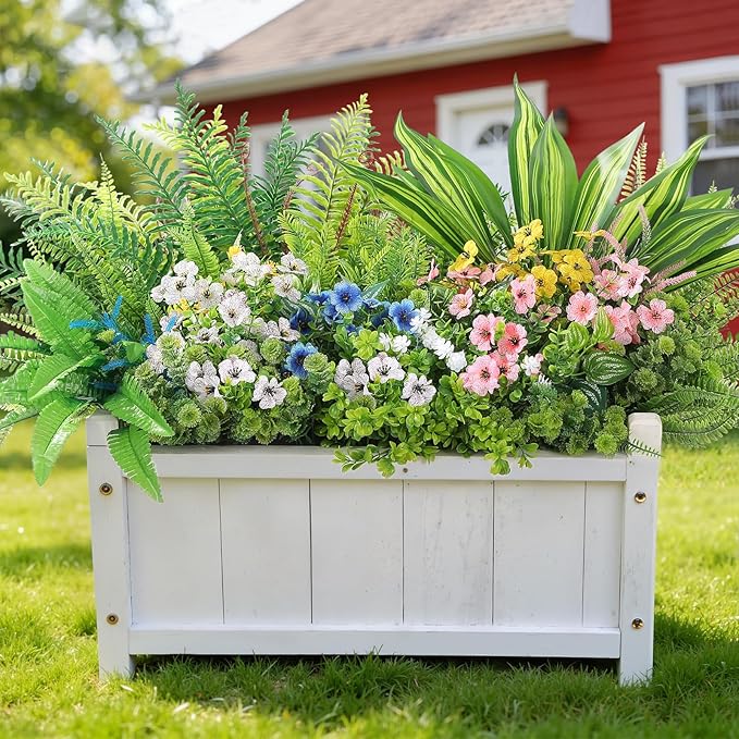 Alupssuc 24Pcs Artificial Flowers and Plants,UV Resistant & No Fade Fake Plastic Greenery Shrubs for Home Garden, Pathway, Front Porch-Spring Summer Decor, Indoor/Outdoor Use,Pink Blue Yellow White