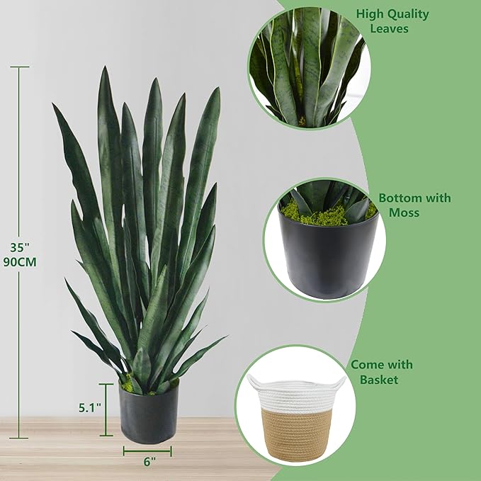 Warmplants Artificial Snake Plant, 3ft Fake Sansevieria with Basket, 35" Fake Mother in Law Plants, Perfect Faux Potted Plant Greenery for Indoor Home Office Store Lifelike Decoration (Green)