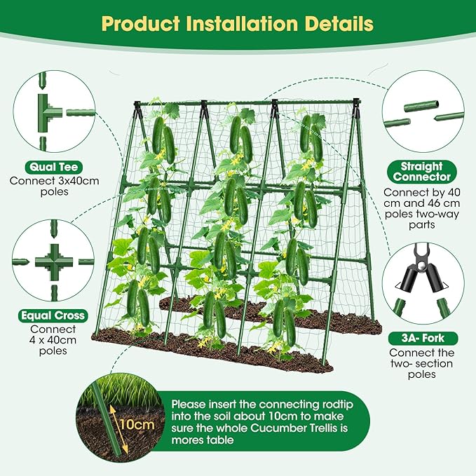 51" x 53" Cucumber Trellis for Raised Bed, A-Frame Garden Trellis for Climbing Plants Outdoor, Rust-Proof Metal Support for Tomato, Peas, Beans, Zucchini & Vines, with Netting & Clips