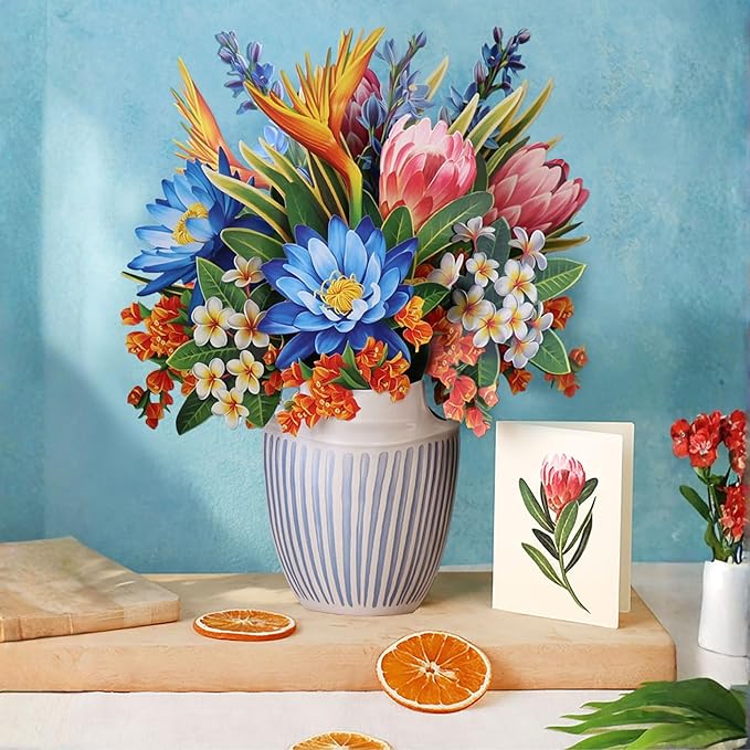 Freshcut Paper Tropical Paradise Pop Up Cards, 12 Inch Life Sized Forever Flower Bouquet 3D Popup Greeting Card, Birthday Cards, Anniversary Card, Blank Notecard & Envelope