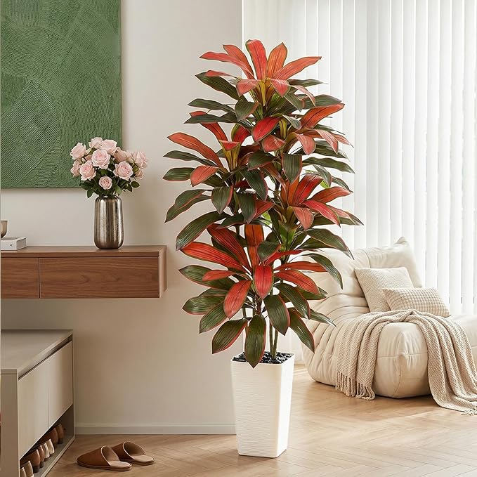 Artificial Red Dracaena Tree - 5FT Tall Fake Plants with White Tall Planter - Artificial Plants Indoor Floor Plant in Pot - Large Tropical Fake Yucca Potted Tree for Home Office Living Room Decor