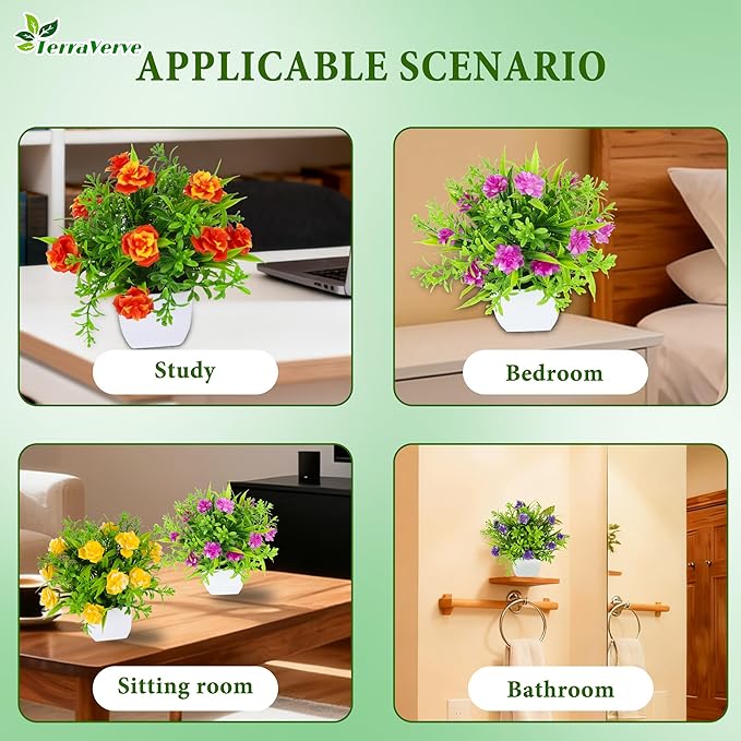 TerraVervre Fake Plants 4 Packs,Small Artificial Plants with Flowers, for Bathroom, Office,Home,Conference Table Decor, Indoor Desk Décor