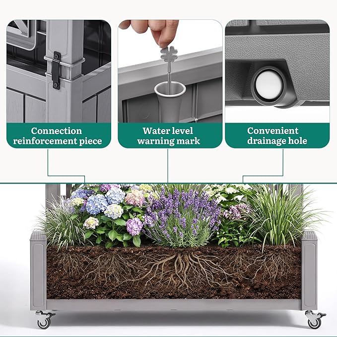YITAHOME 42.5x14.2x61 in Planter Box with Trellis/Outdoor Privacy Screen, All-Weather Raised Garden Bed with Wheels & Drain Plug for Climbing Plants Flowers Herbs, Brown