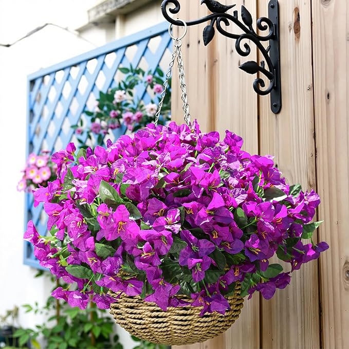Fake Bougainvillea Artificial Flowers for Outdoors Spring Summer Decor, 4PCS Bougainvillea Outdoor Faux Plants Realistic Silk Flowers for Outside UV Resistant for Planter Patio Window Garden, Purple