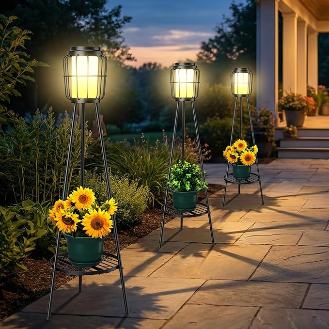 2-in-1 Solar Lights Outdoor with Plant Stand, Waterproof Solar Floor Lamp & Tall Metal Planter Holder for Outside, Decorative Tripod Pathway Lantern for Patio, Garden, Porch, Yard Decor (2 Pack)