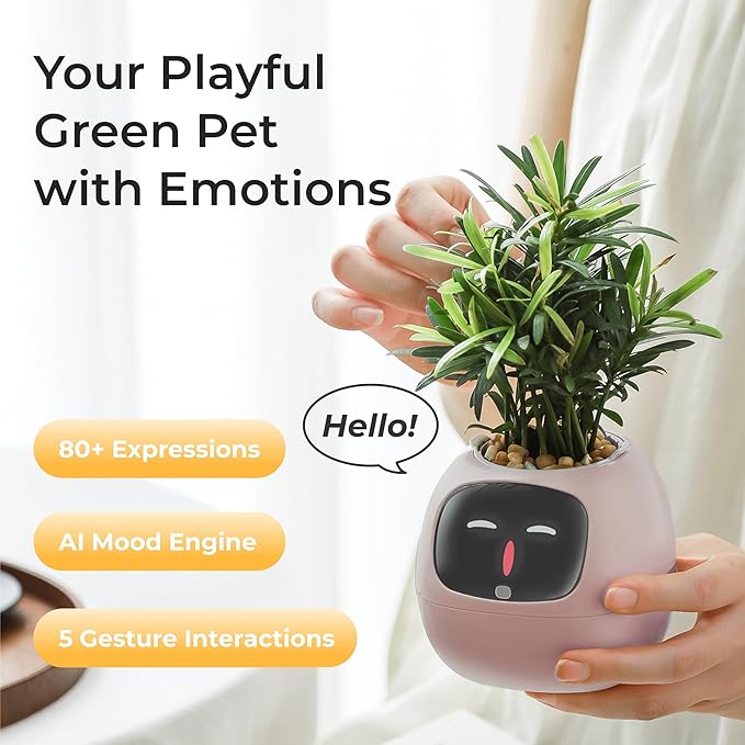 Smart Pet Planter, Smart Plant Pot, With Artificial Intelligence, Time Weather Display, And Multiple Expressions Animation,Lovely Plant Companion, For Desktop Decoration, Gifts,Plant-Free (Blush)