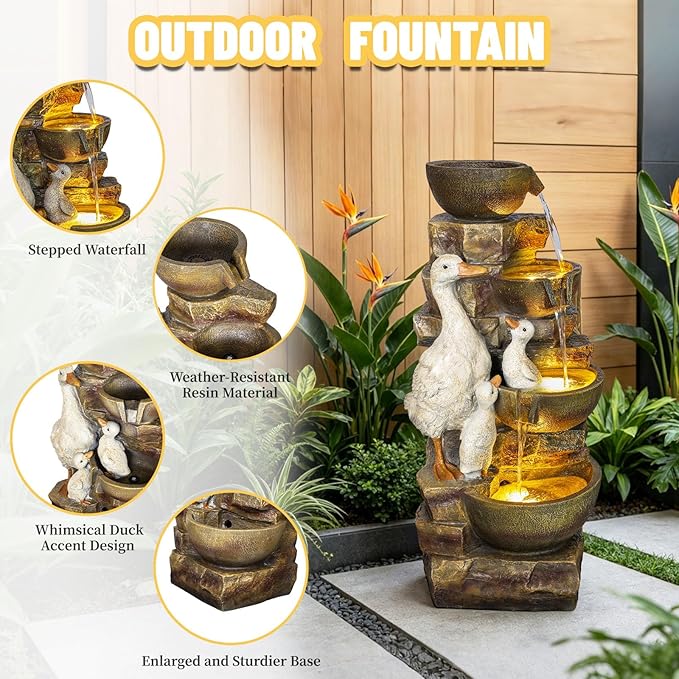 31.5" H Duck Outdoor Water Fountain, 4-Tier Cascading Garden Fountain with LED Light, Resin Waterfalls for Patio, Backyard, Yard, Porch, Front Door