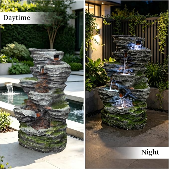 Solarbloom Water Fountain Outdoor/Indoor, 5-Tier Spiral Cascading Stacked Waterfall Fountain, Freestanding Resin Water Feature for Patio, Garden, Backyard, Deck
