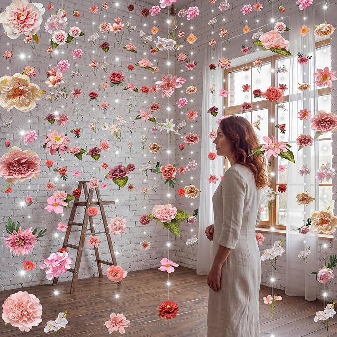 Suncalla 6 Pcs 35.4ft Hanging Flowers Garlands Backdrop Lighted Floating Fake Wildflower Vines LED Floral Garland Ceiling for Spring Wedding Bridal Shower Birthday Graduation Party(Fresh,Pink)