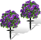 Artificial Flowers for Outdoors, Faux Outdoor Plants Fake Plants Topiary Balls Artificial Outdoor Set of 2 with Ground Spike for Home Front Porch Patio Garden Decor (Purple)