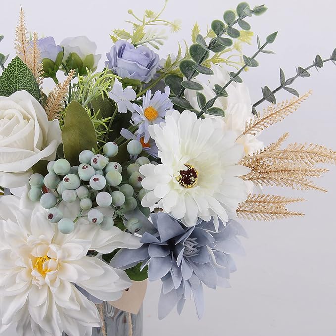 Fake Flowers with Vase, Silk Dusty Blue Rose Hydrangea Artificial Flowers in Vase Faux Dahlia Flowers Arrangement for Home Kitchen Living Room Summer Spring Decor Office Centerpiece Table Decorations
