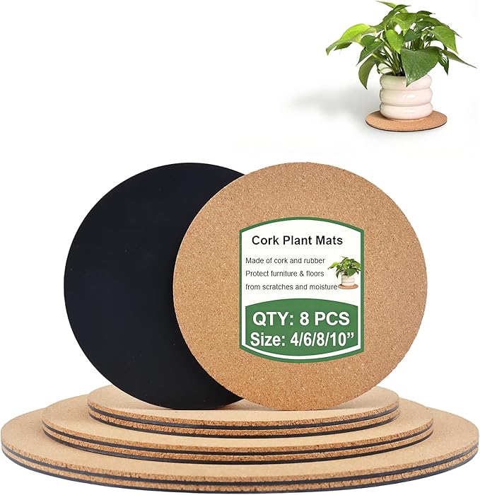 vensovo Cork Plant Coasters & Saucers 4/6/8/10 Inch – Absorbent Round Mats for Indoor Flower Pots, Planters, Houseplants, Surface Protector for Table & Floor, 8 Pack