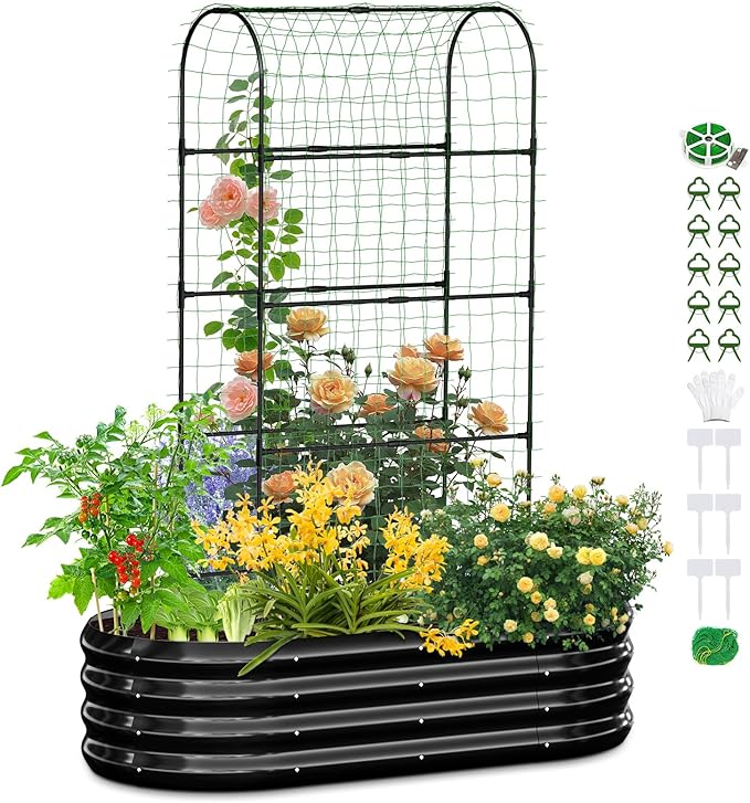 SUNYRISY Galvanized Raised Garden Bed with 71in Arch Trellis for Climbing Plants, Outdoor Planter Box with Climbing Net for Gardening Flowers Vegetables Fruits Herbs, Black