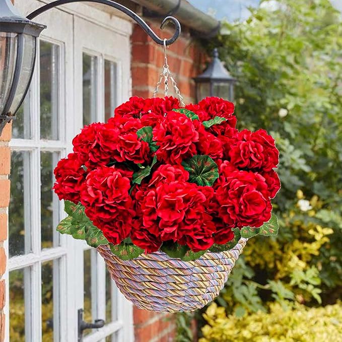 6 Bundles Artificial Geranium Flowers for Outdoors, Realistic Silk Geraniums Fake Flowers UV Resistant Faux Plants for Porch Front Door Planter Patio Balcony Outside Decor (Red)