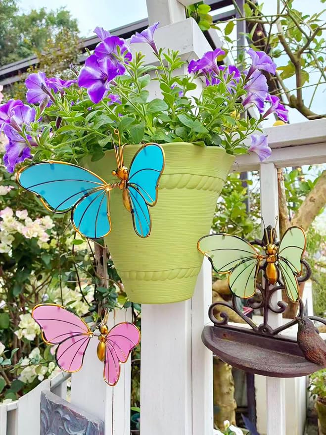 Decorative Metal Butterfly, Colorful Plant Decoration for Pot,Planter,Garden Fence, Wall,Hanging Ornament, 3-Piece Set