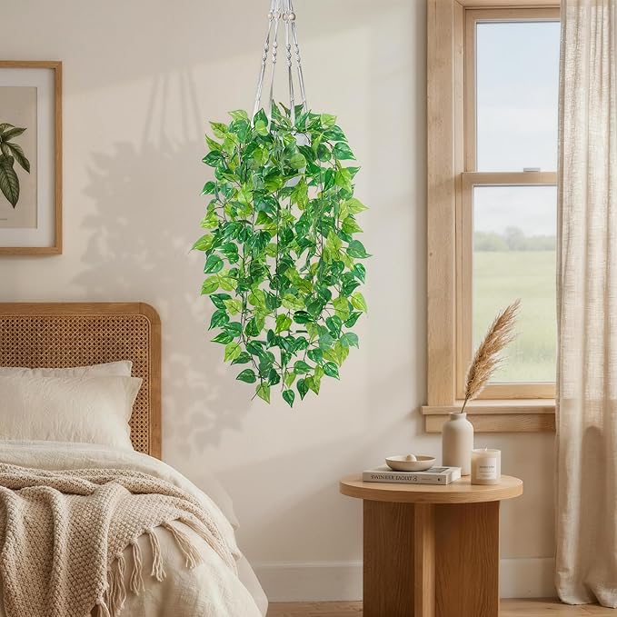 DREAMLOOM Fake Hanging Plants with Pot, Artificial Pothos Hanging Plants with Macrame Hanger for Indoor Decor, Fake Hanging Vines Faux Greenery for Home Kitchen Office