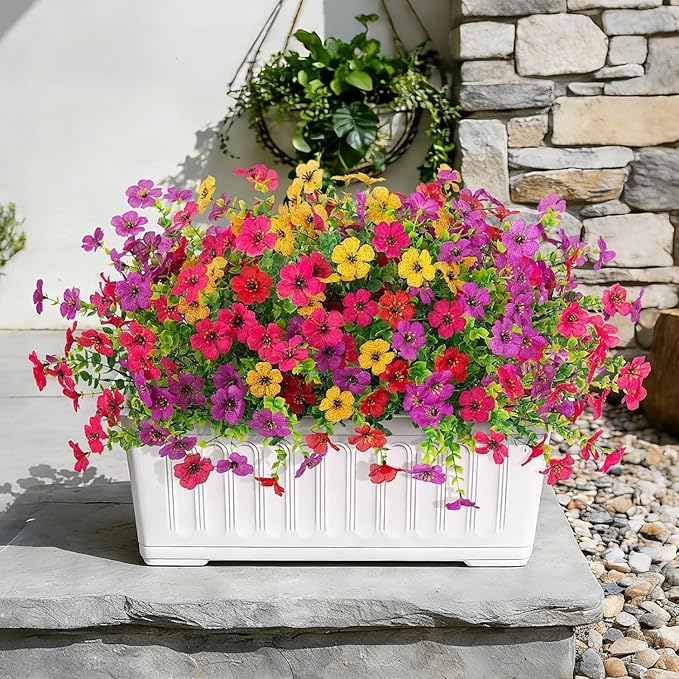 Artificial Flowers for Outdoors, 8 Bundles Faux Silk Spring Flowers for Outside for Planter Front Door Porch Yard Patio Window Box Home Decor (Colour 04-(Yellow+Pink+Rose red))