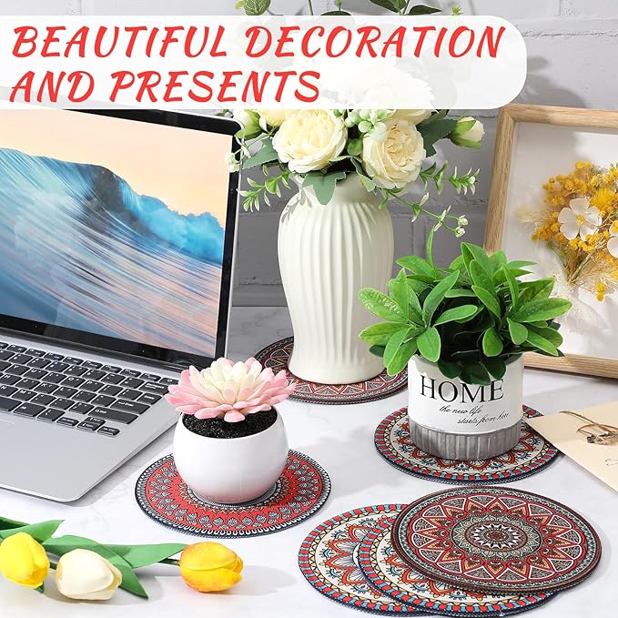 Nuanchu 6 Pcs Boho Plant Pot Mat Absorbent Non Slip Pot Plant Pad Round Plant Coaster Mat Gardening Indoor Outdoor Flower Plant Protect Mat for Table Desk Floor Plant, 5.9 Inches (Elegant Style)