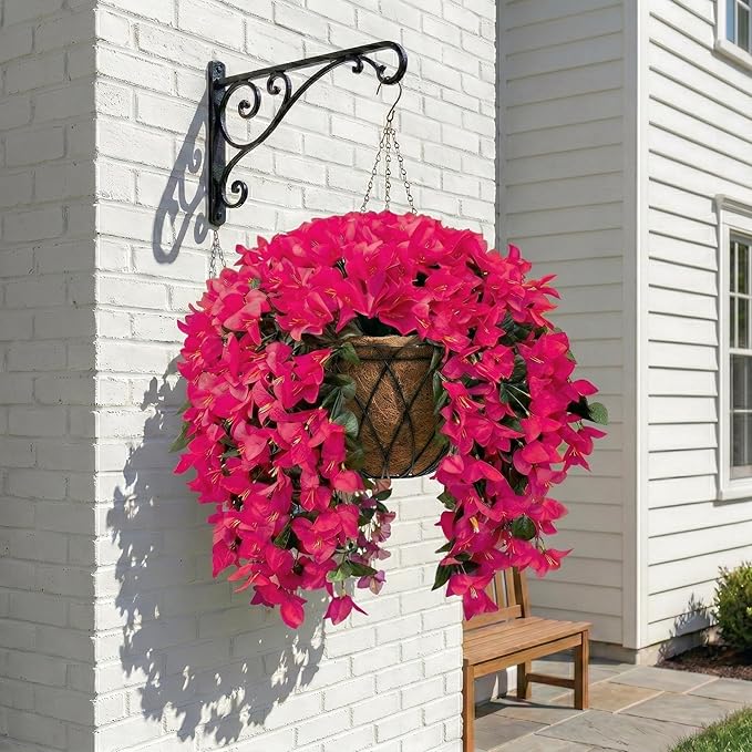 Artificial Flowers for Outdoors Fake Hot Pink Bougainvillea Hanging Flower Decoration, 2Pcs Realistic Faux Silk Plants Long Trailing Vines, Spring Decor for Porch Patio Balcony Planter Yard