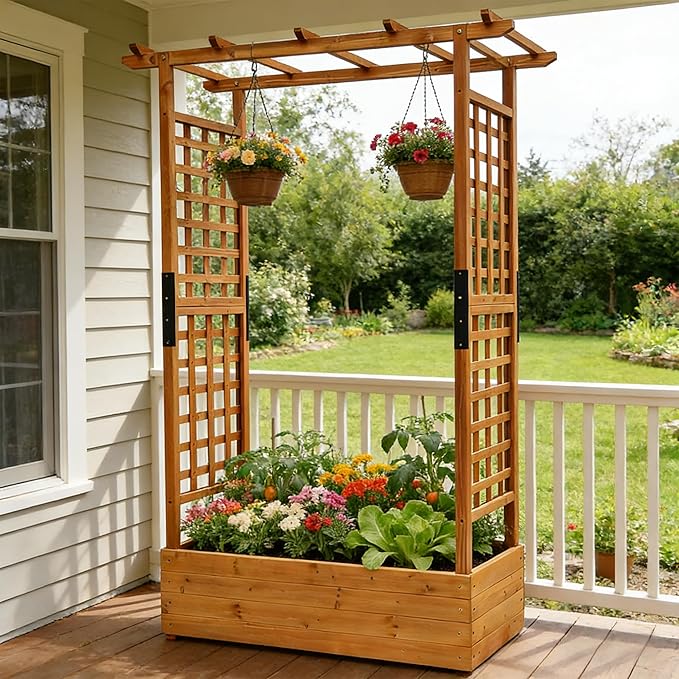 Raised Garden Bed with Wood Trellis Set of 2 Outdoor Planter Box for Tomatoes Climbing Vegetables Herbs Flowers Patio Pots Tall Hanging Roof 2 Drainage Holes Orange, 42.5" L x 17.3" W x 66.1" H