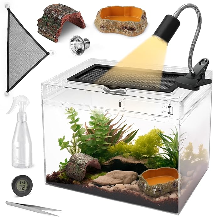 AZV Reptile Terrarium Starter Kit,8 Piece Small Reptile Tank with Escape-Proof Locks,Mesh Top,Multi-Vent Compatible Habitat,Durable Clear PC,Easy-Clean Waterproof Base for Geckos,Frogs,Spiders Large