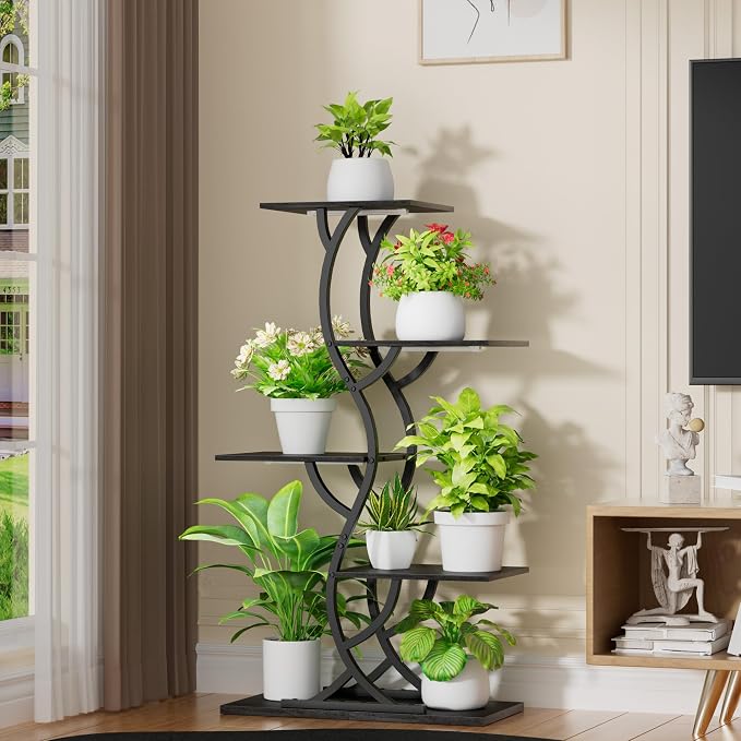 Plant Stand Indoor with Grow Lights - 44" Tall Corner Plant Stands for Indoor Plants, 5 Tiered Metal Plant Shelf, Curved Plant Flower Holder Dispaly Rack for Living Room, Home Patio Balcony (Blackboard)