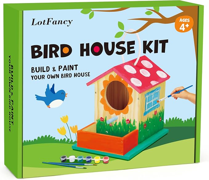 LotFancy Bird House Kit, 2 Pack, DIY Wooden Birdhouse Kits, Arts and Crafts Painting Kit for Kids, Build and Paint, Including Paints & Brushes