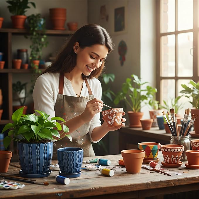 Ceramic Plant Pots, 4.5+5.5 Inch Small Plant Pots, Flower Pots Indoor Planters with Drainage and Tray, Modern Indoor Plant Pots for Home and Office, Indoor Planters with Drainage (Glaze Blue)
