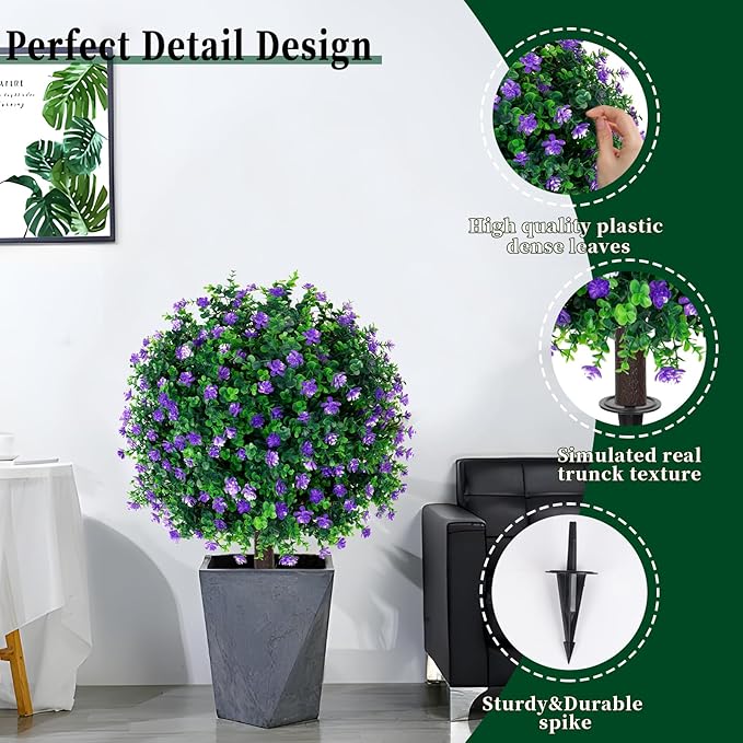 Artificial Purple Flower Boxwood Topiary Ball Trees,2 Set of 16'' UV Resistant Fake Evergreen Shrubs Bushes Plants with Ground Spike, Fake Plants for Outdoor Indoor Front Porch Garden