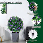 Artificial Purple Flower Boxwood Topiary Ball Trees,2 Set of 16'' UV Resistant Fake Evergreen Shrubs Bushes Plants with Ground Spike, Fake Plants for Outdoor Indoor Front Porch Garden