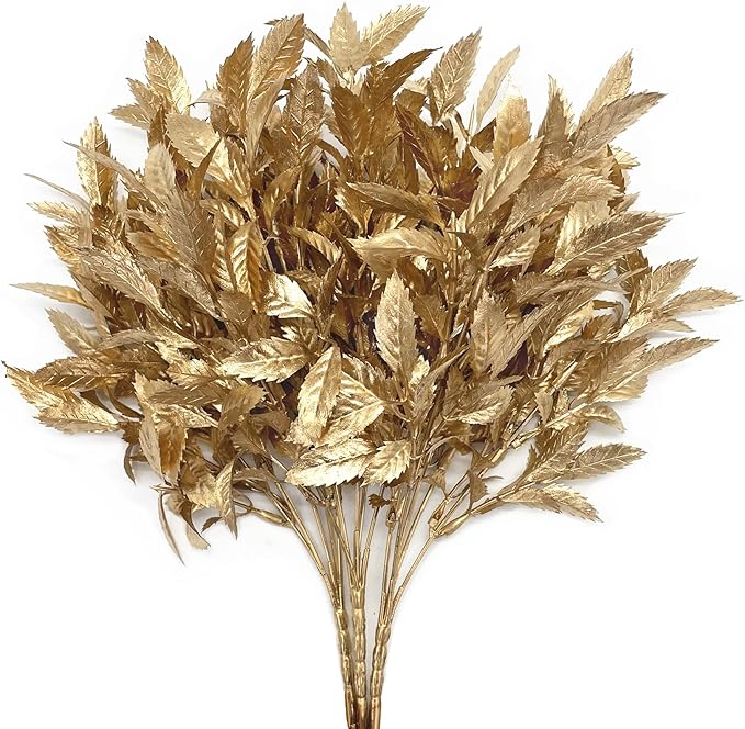 PASYOU Artificial Golden Plants, Fake Foliage Shrubs Decor Plastic Faux Plant for Indoor Outdoor Home Garden Office Party Hall Verandah Wedding DIY Christmas Decoration Gold Leaves Bundles - 3 Pack