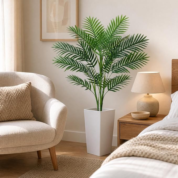 Garvee 4.2FT Artificial Palm Tree, Tall Faux Tropical Areca Plants with White Tall Planter, Fake Potted Tree with Lifelike Leaves for Indoor Living Room Bedroom Home Office Decor