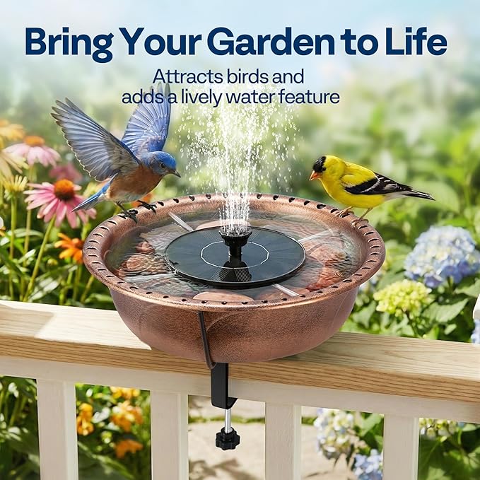 VIVOHOME Deck Mounted Bird Bath with Solar Fountain, Outdoor ABS Birdbath Bowl with Adjustable Metal Clamp, Solar Powered Pump for Railing, Fence, Balcony, 1.45 Gallons, Bronze