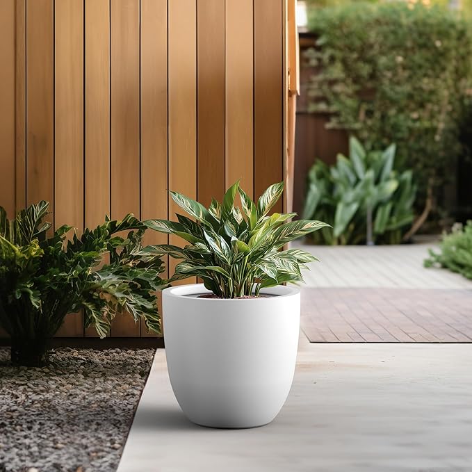 Kante 18 Inch Dia Round Concrete Planter, Indoor Outdoor Large Plant Pot with Drainage Hole and Rubber Plug for Home Patio Garden, Pure White