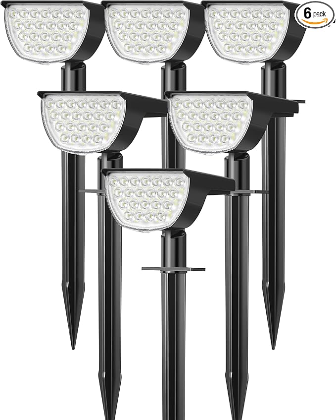 GKGG Solar Lights Outdoor Waterproof IP65, Solar Powered 76 LED 3 Lighting Modes Solar Spot Lights Outdoor for Yard Garden Landscape Pathway (Cool White, 6 Pack)