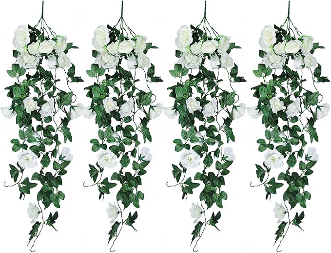 RECUTMS Artificial Hanging Rose Plant 4Pieces 3.3Ft Faux Ivy Plants Fake Outdoor Flowers Vines,UV Resistant for Wedding, Home, Office, Arch,Arrangement Decoration (White)