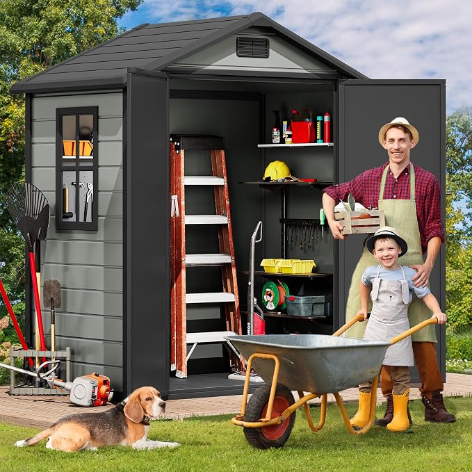 DWVO 6x4 FT Outdoor Storage Shed with Reinforced Floor, Resin Storage Shed with Lockable Door, Window and Vents, Waterproof Plastic Tool Storage for Garden Patio Backyard