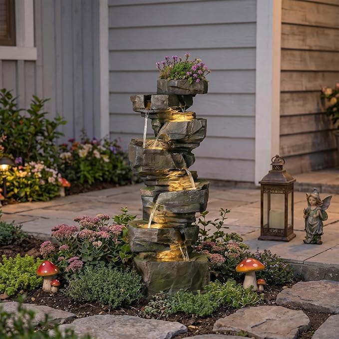 Sunlinua 48.6" H Outdoor Water Fountain with 6 Tiers Large Cascading Realistic Rock Waterfall Fountains with LED Lights Outdoor Water Fountain for Garden Patio Backyard Porch Home Decor