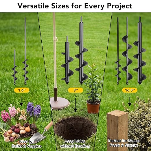 Auger Drill Bit for Planting Set of 5, 1.6x9 & 1.6x16.5 & 2.6 * 16.5" & 3 * 12" & 3 * 16.5" - Compatible with 3/8" Hex Drive Drill for Planting Bulbs, Bedding Plants, Post Holes, Mixing Soil