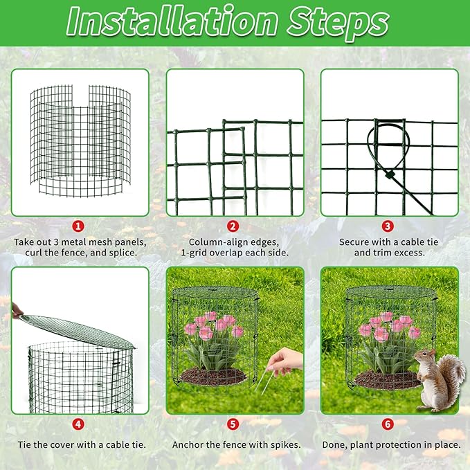 6 Pack Dark Green Plant Protectors, 11.8×15.7in Round Garden Fence Cages with Lid, Keep Rabbits, Squirrels & Pets Away, Includes Stakes, Zip Ties & Gloves for Easy Setup